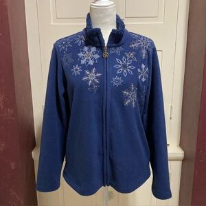 Jason Maxwell Size M Navy Blue Embroidered Floral Snowflake Fleece Jacket Top